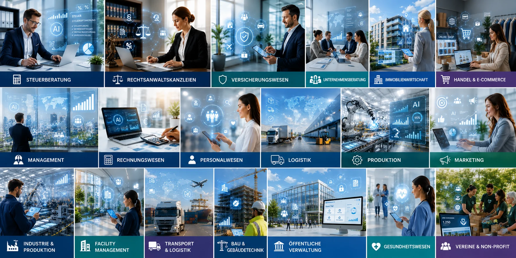 Industry overview: tax consulting, law firms, insurance, management consulting, real estate, retail, management, finance, HR, logistics, production, marketing, industry, facility management, transport, construction, public administration, healthcare, associations and non-profit